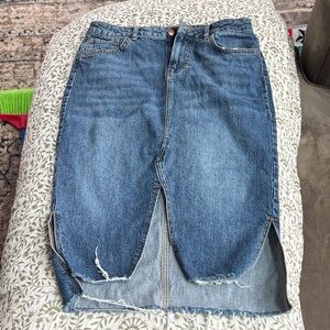 Zara Blue Distressed Denim Midi Skirt